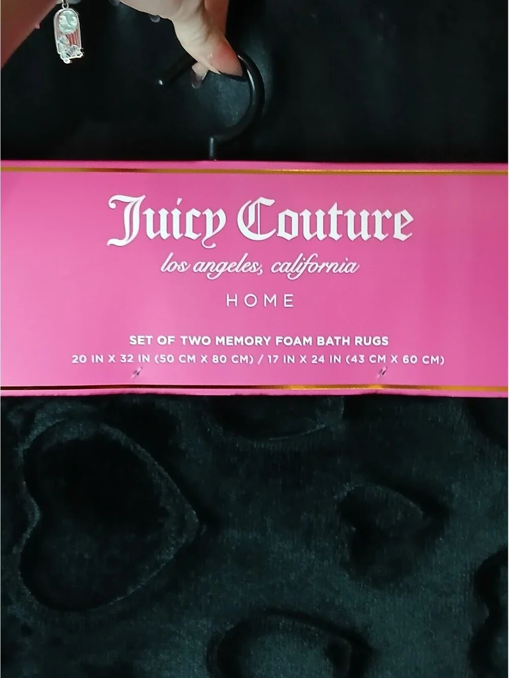 Juicy Couture Home Black Embossed Hearts Bath Rug Set 2 pc Set Memory Foam NWT